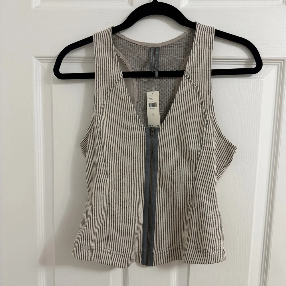 NWT Anthropologie (S) Neutral Ribbed Deep V Neck Zipper Tank Top Grey White - Picture 2 of 6